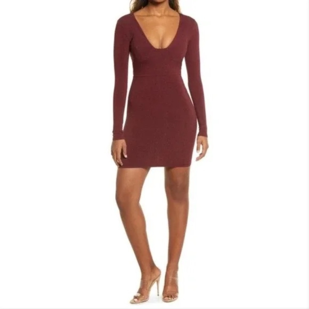 NWT Naked Wardrobe Brown Ribbed Bodycon Cocktail Mini Dress in Size Large